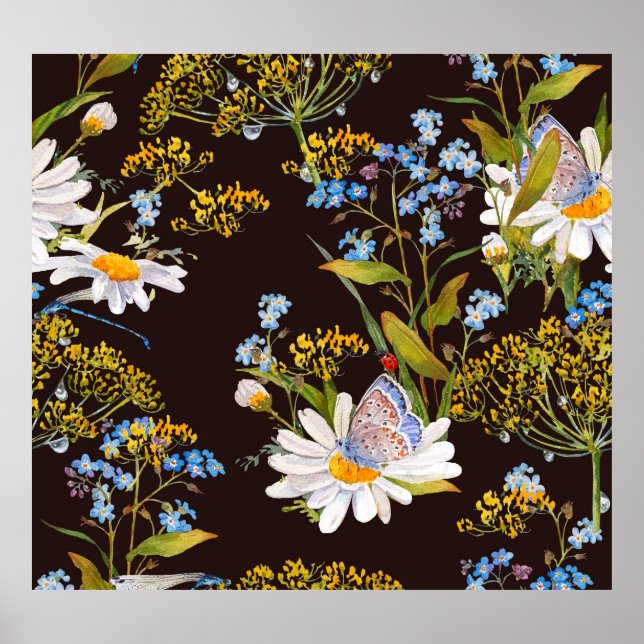 Póster Flores silvestres: acuarela de fondo negro (Frente)