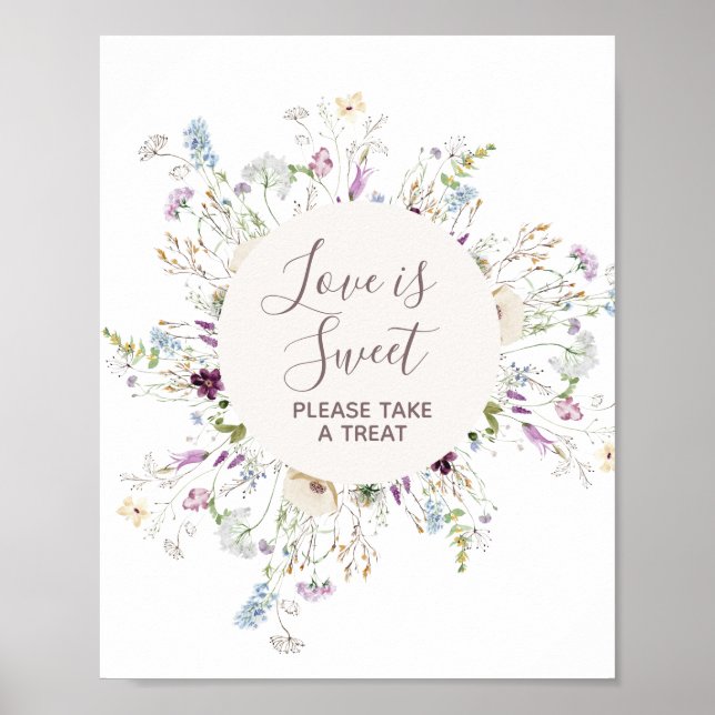 Póster Flores silvestres acuarela El amor es Rótulo dulce (Frente)
