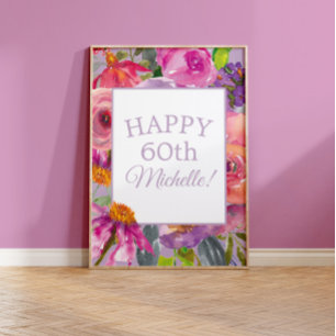 Póster Flores silvestres acuarela púrpura rosa Feliz 60
