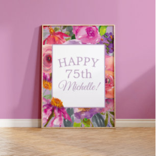 Póster Flores silvestres acuarela púrpura rosa Feliz 75 c