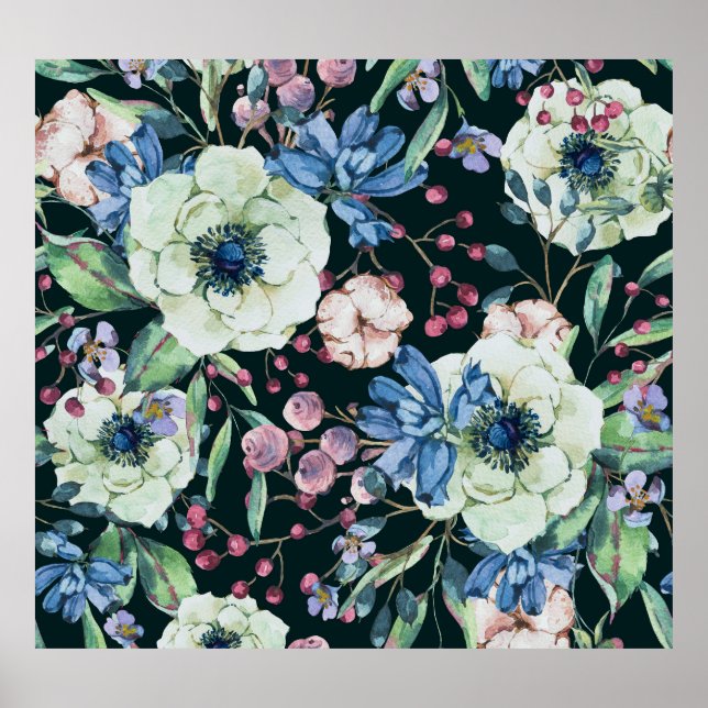 Póster Flores silvestres anémicas: Patrón de acuarela de  (Frente)