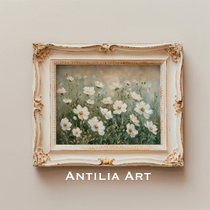 Póster Flores silvestres blancas pintando prado de primav