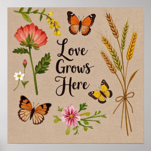 Póster Flores silvestres bohemias, mariposas, tallos de t