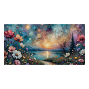 Póster flores silvestres coloridas en el paisaje del bord