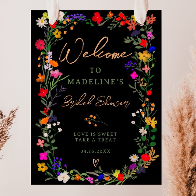 Póster Flores silvestres de boho moderno bienvenida a la  (Modern boho bright wild flowers bridal welcome poster on black)
