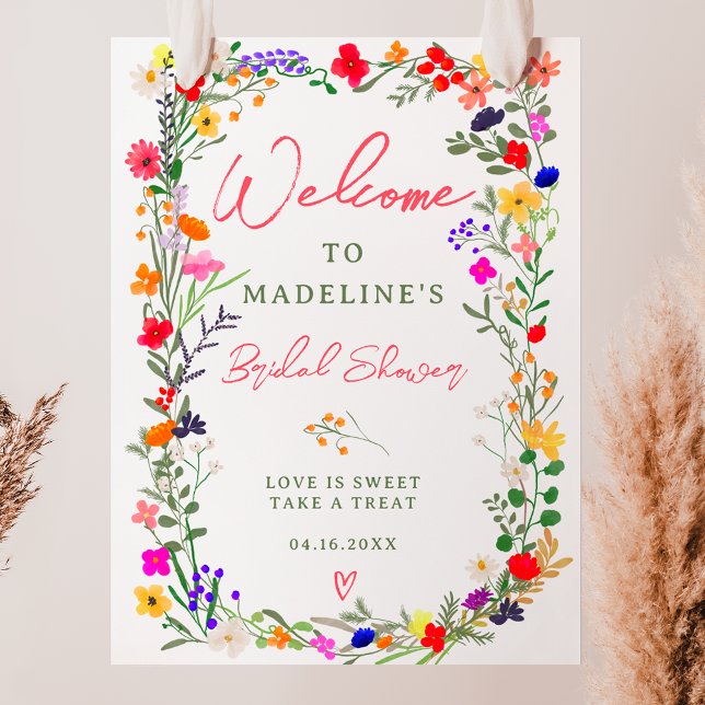 Póster Flores silvestres de boho moderno bienvenida a la  (Modern boho bright wild flowers bridal welcome poster)