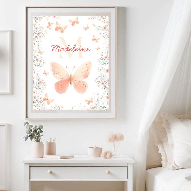Póster Flores silvestres de mariposa Coral Verde azulado  (butterfly wildflowers monogram name personalized nursery decor poster pink coral teal cute)
