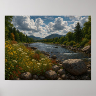 Póster Flores silvestres del río de montaña Paisaje
