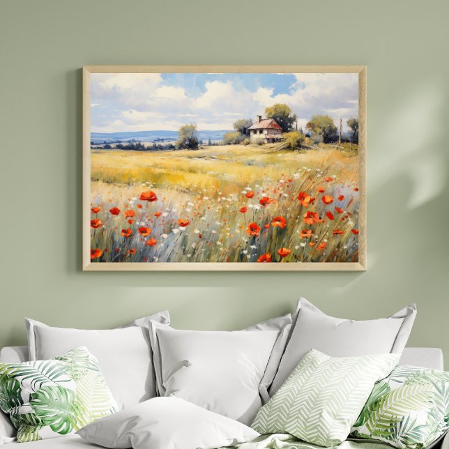 Póster Flores silvestres en campo rural de granja rústica (Orange White Wildflowers Country Rustic Landscape Farmhouse Wall Art Watercolor Print)