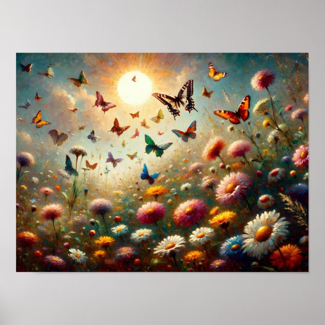 Póster Flores silvestres en flor rodeadas de mariposas (Frente)