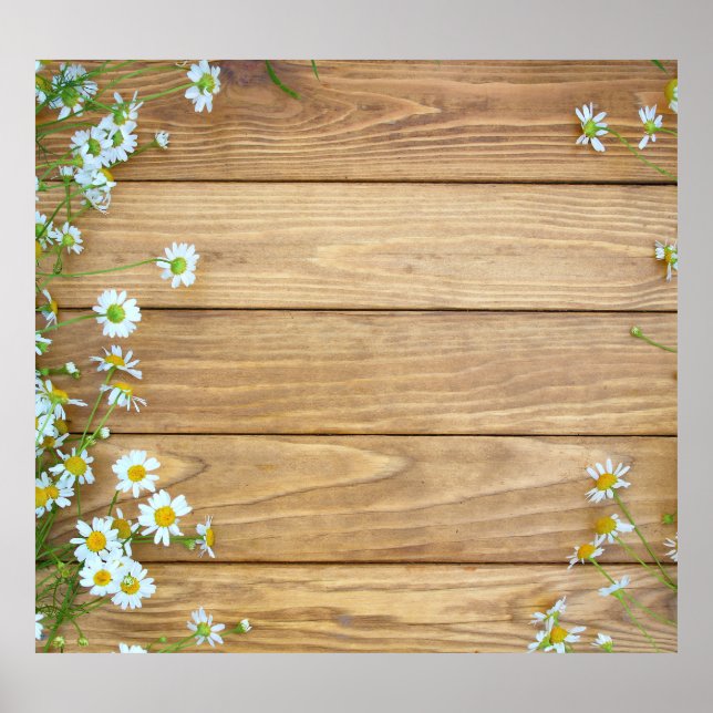 Póster Flores silvestres, hierbas: fondo de madera. (Frente)