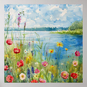 Póster Flores silvestres junto a un lago