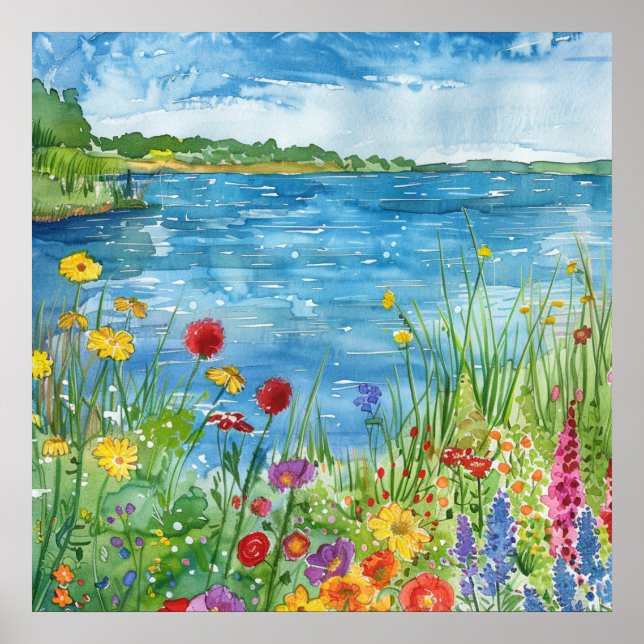 Póster Flores silvestres junto a un lago (Frente)