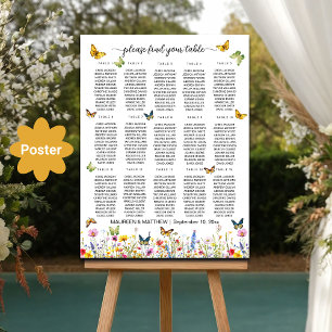 Póster Flores silvestres mariposas 15 mesas Boda asiento