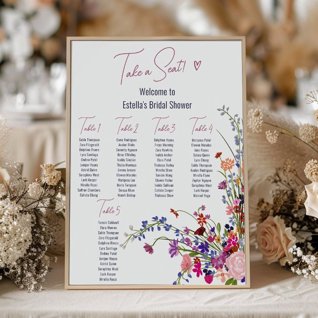 Póster Flores silvestres modernas guion de escritura duch (Modern wild flowers script bridal shower seating poster)