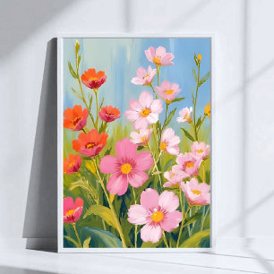 Póster Flores silvestres rosadas   Pintura floral de acua