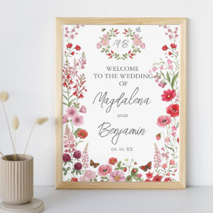 Póster Flores silvestres rosadas y rojas Bayas Bienvenida