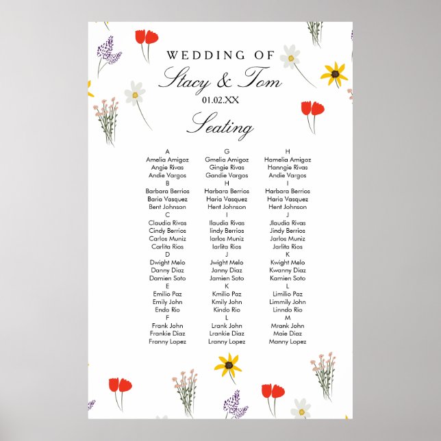Póster Flores Silvestres Simples Asiento de Boda Dibujado (Frente)