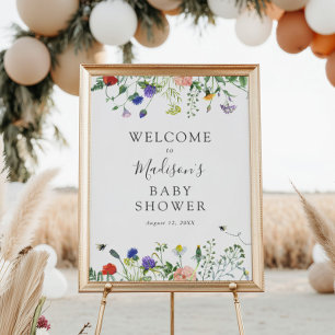 Póster Flores silvestres y seña de bienvenida de abejas