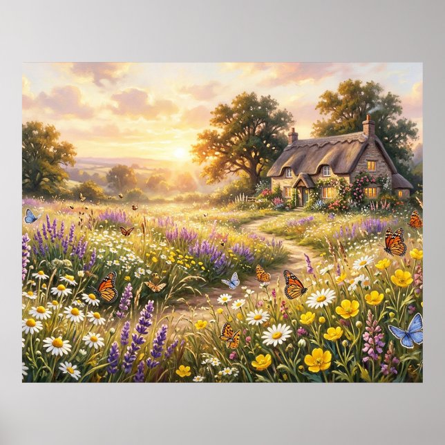 Póster Flores silvestres y una cabaña encantadora (Frente)