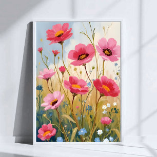Póster Flores sonrojadas Pradera floral de flores rosad
