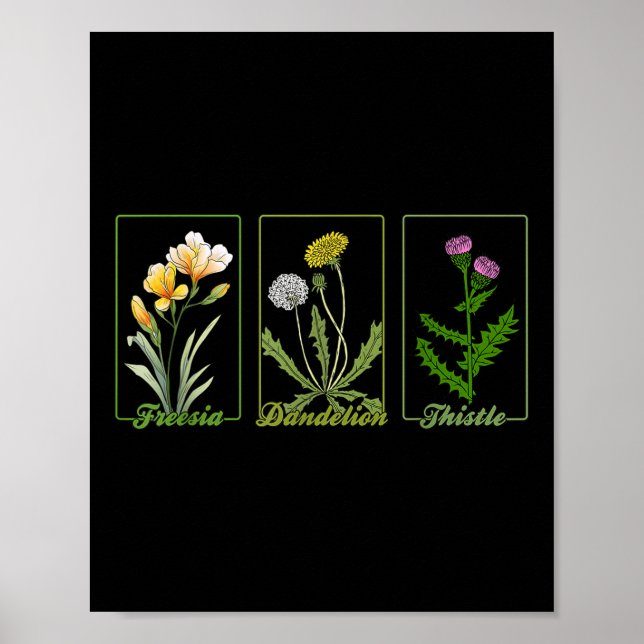 Póster Flores sutiles de época Freesia Dandelion Thistle (Frente)