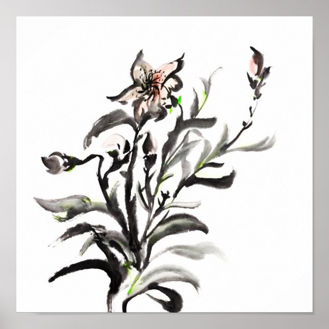 Póster Flores tradicionales chinas de pintura con tinta (Frente)