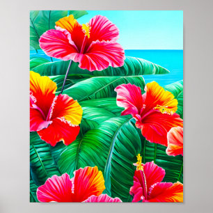 Póster Flores tropicales de Hibiscus hawaiano