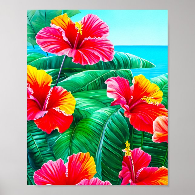 Póster Flores tropicales de Hibiscus hawaiano (Frente)