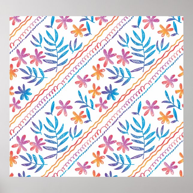 Póster Flores tropicales dibujadas a mano, patrón de hoja (Frente)