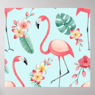 Póster Flores tropicales Flamingos Patrón de acuarela