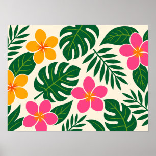 Póster Flores tropicales naranjas y rosadas con hojas ver