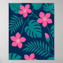 Póster Flores Tropicales Rosadas y Diseño de Follaje Verd