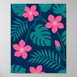 Póster Flores Tropicales Rosadas y Diseño de Follaje Verd