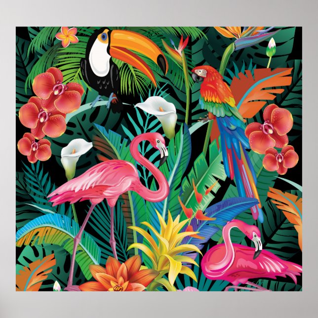 Póster Flores tropicales y composición de aves. (Frente)