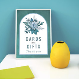 Póster Flores verde azuladas y azules acuáticas y boda fo