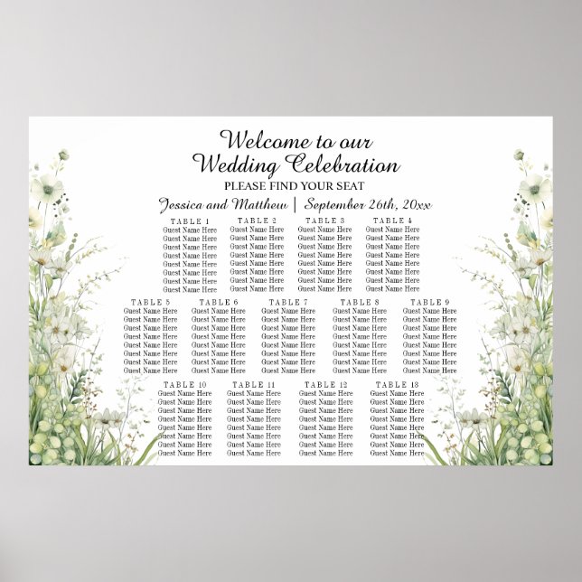 Póster Flores verdes Dusty Sage 13 mesas Boda asiento (Frente)