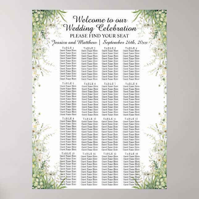 Póster Flores verdes Dusty Sage 16 mesas Boda asiento (Frente)