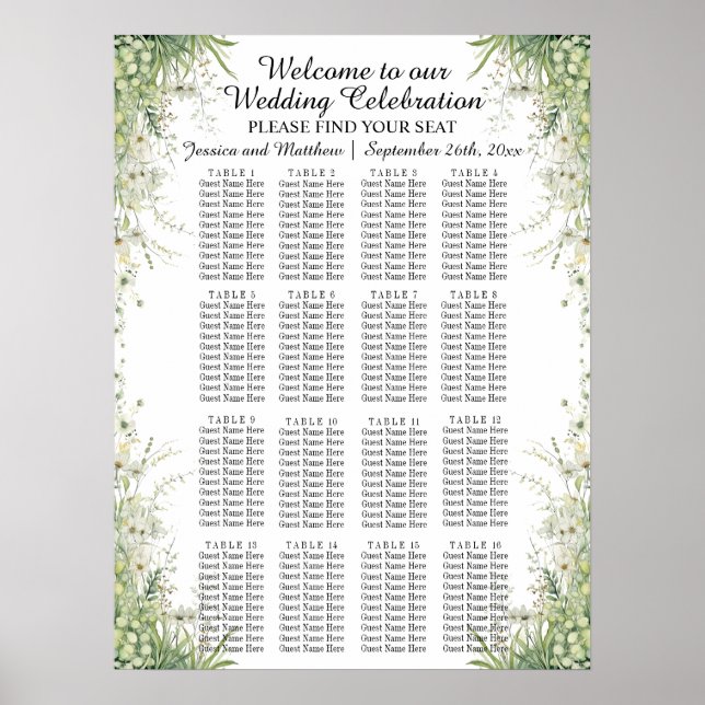 Póster Flores verdes Dusty Sage 16 mesas Boda asiento (Frente)