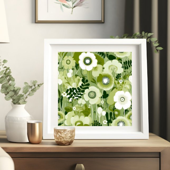 Póster Flores verdes sabrosas (A sage green floral print shown in a white frame)