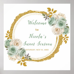 Póster Flores verdes y doradas elegantes dulces dieciséis