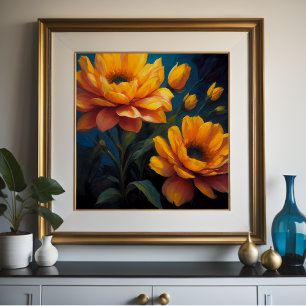 Póster Flores vibrantes de color amarillo Naranja en azul