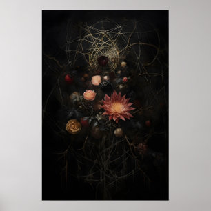 Póster Flores viejas marchitas en estampado de telaraña,