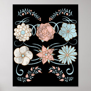Póster flores vintage angustiadas en rosa y azul