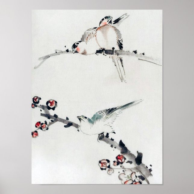 Póster Flores y aves de ciruela, Hokusai, Ukiyo-e (Frente)