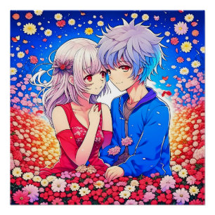 Póster Flores y corazones de amor de parejas animales