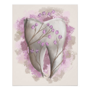 Póster Flores y dientes, pintura surrealista. Arte dental