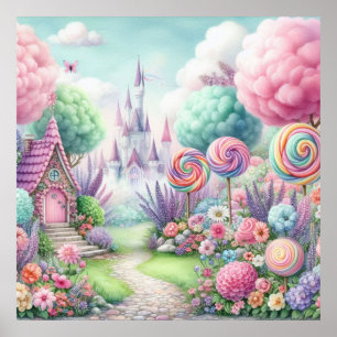 Póster Flores y dulces en tierra de hadas acuarela pastel