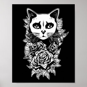 Póster Flores Y Gato Gótico