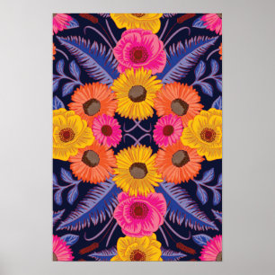 Póster Flores y helechos vibrantes